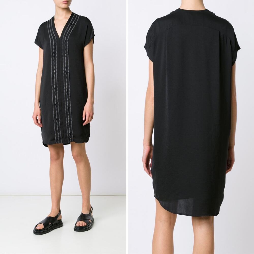 Vince Embroidered Front V-Neck Shift Dress Black Size 4 Minimalist Relaxed Fit - Picture 2 of 16